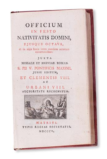 BINDING.  Officium in festo Nativitatis Domini.  1805 + Oficio de la Semana Santa.  1805. Both in red morocco with arms of a cardinal.